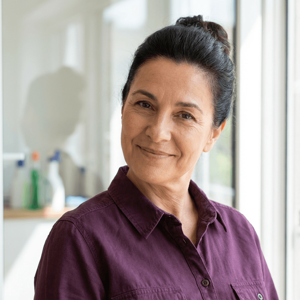 Smiling middle-aged woman with dark hair in a bun wearing a purple shirt.