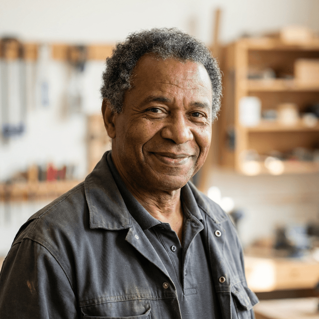 Smiling senior Black man with grey hair in a workshop wearing a dark work jacket.
