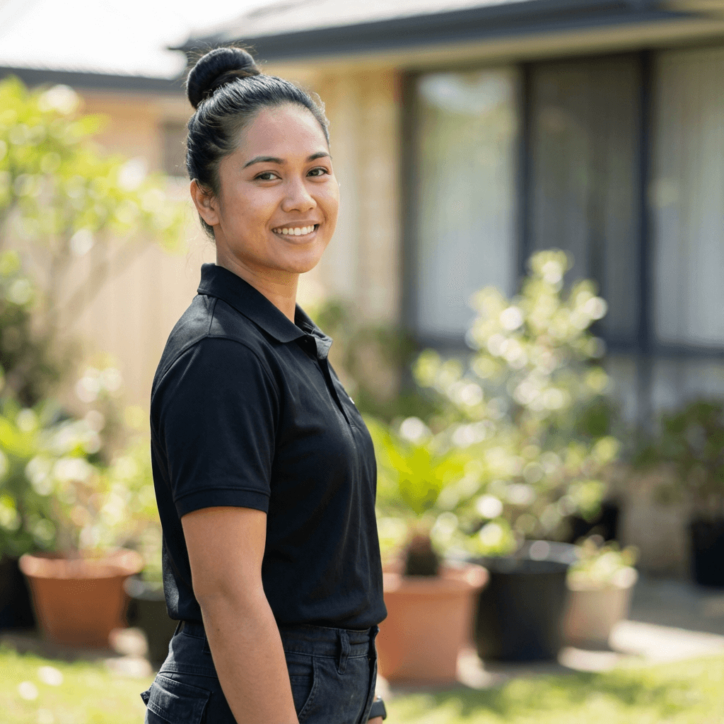 Smiling woman with hair in a bun wearing a black polo shirt standing outdoors.
