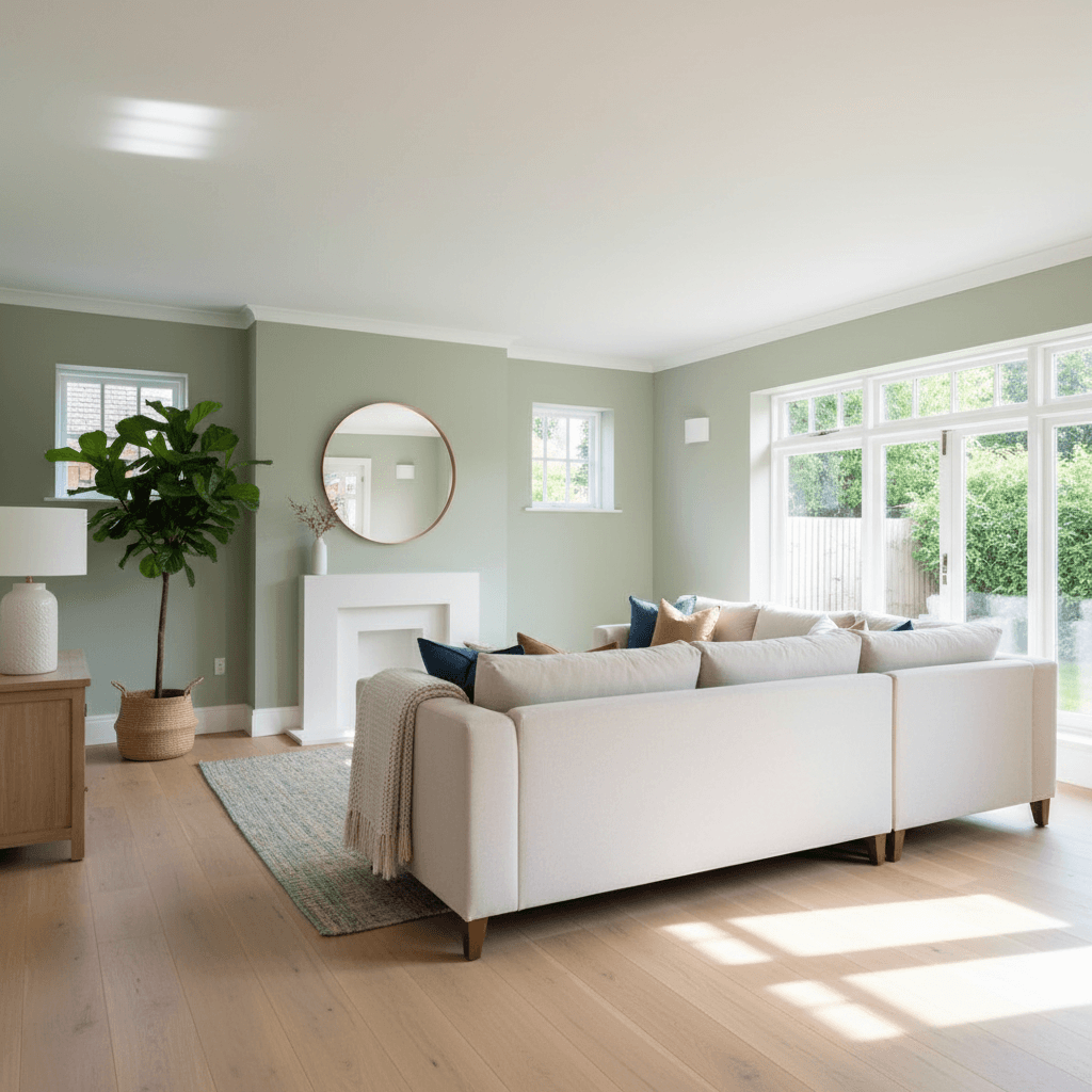 Freshly painted living room with new flooring and natural light