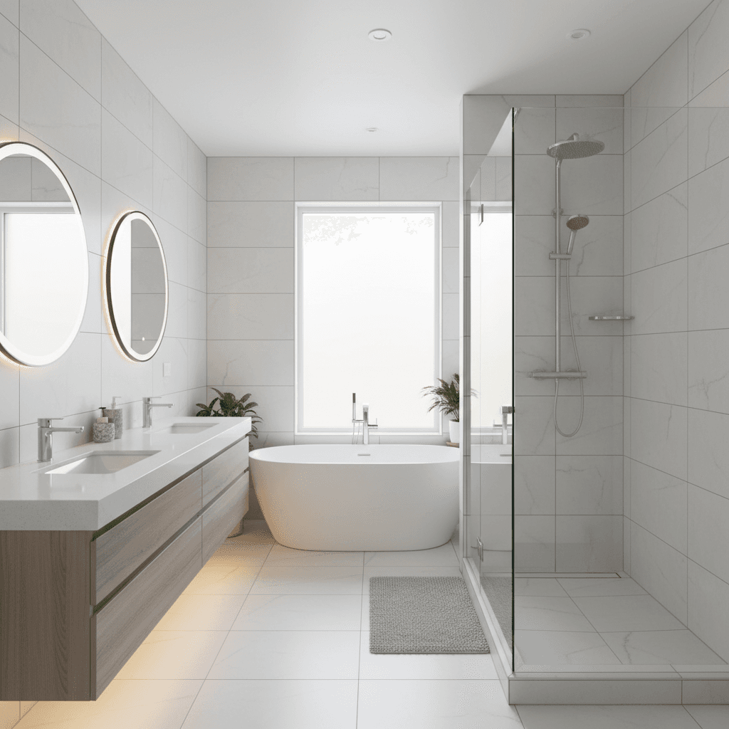 Bright remodeled bathroom with a walk-in glass shower and large tiles