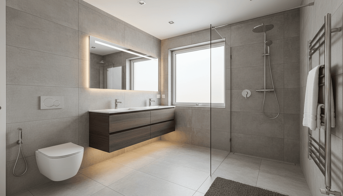 modern renovated bathroom with walk-in shower and large tiles