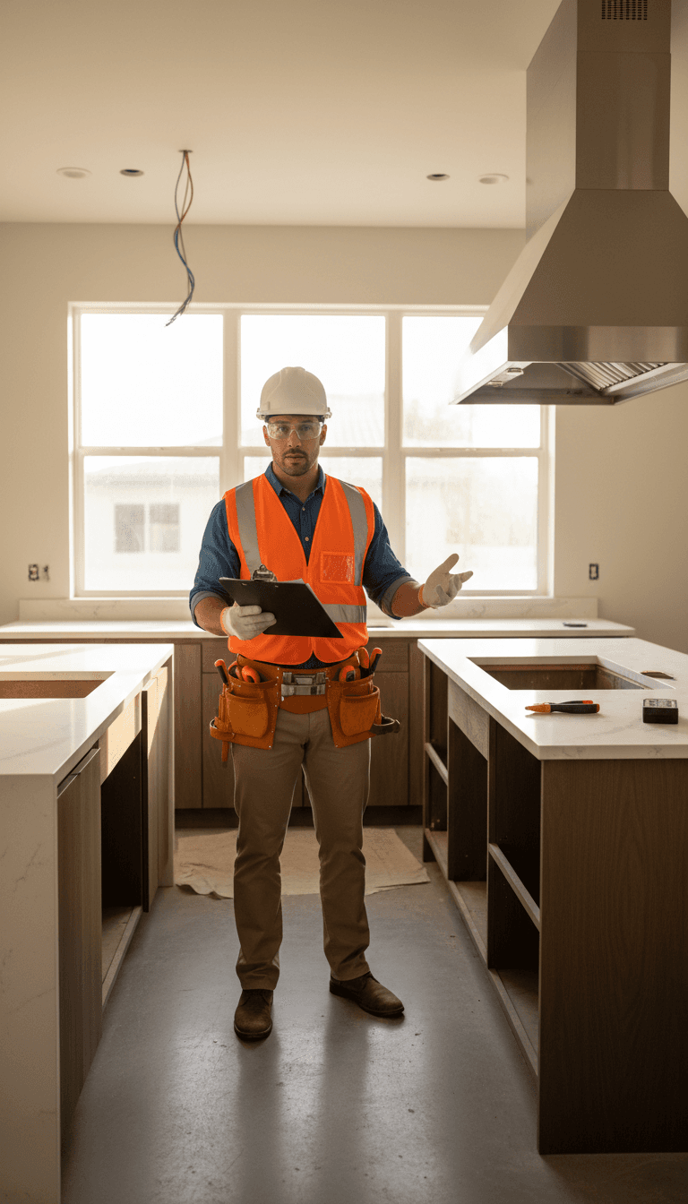 Male contractor in full work attire and tool belt standing confidently in mid-renovation kitchen holding clipboard