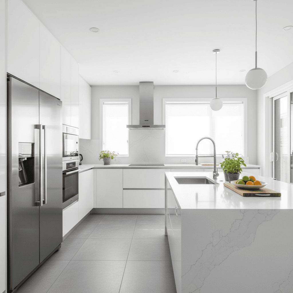 Modern kitchen with white cabinets, quartz countertops, and stainless appliances