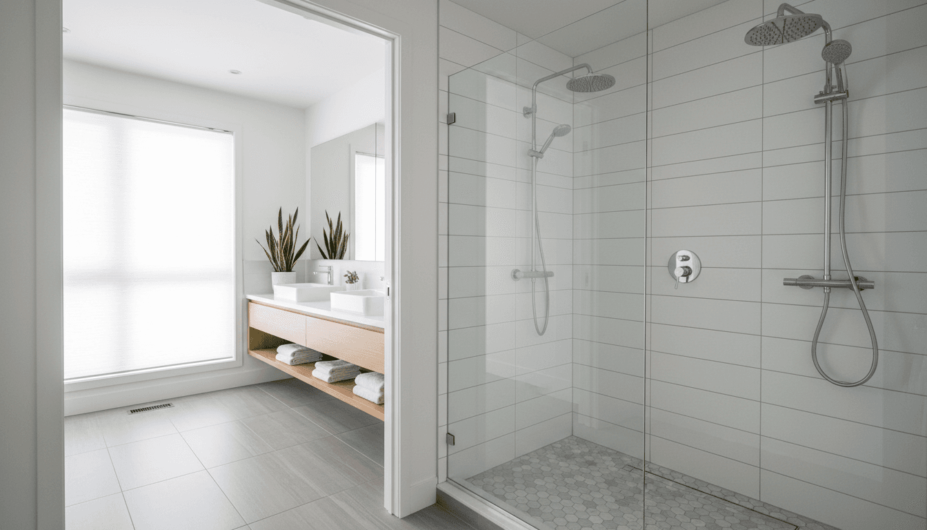 beautifully remodeled modern bathroom with walk-in shower and elegant tiles