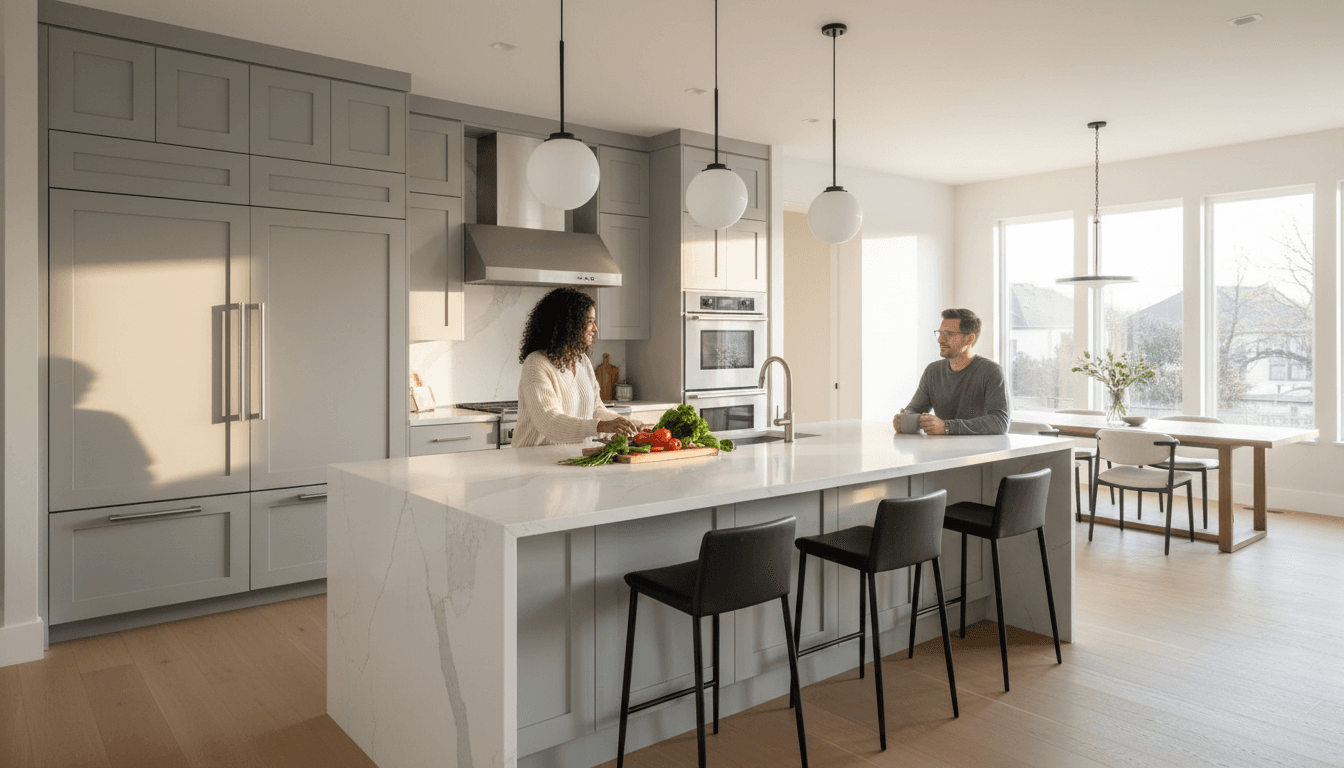 modern luxury kitchen remodel with white shaker cabinets and quartz countertops