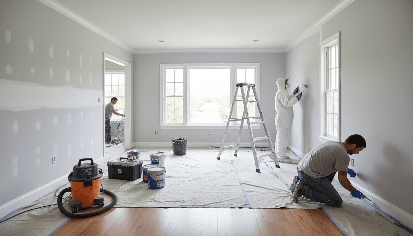 professional construction crew working on interior home renovation with fresh drywall and paint