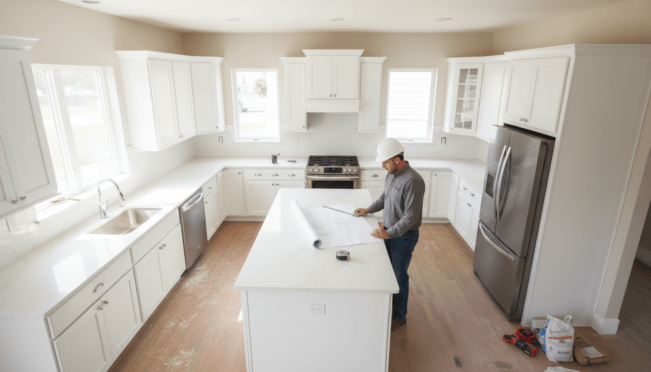 Contractor reviewing kitchen renovation plans at new island with installed cabinetry, countertops, and appliances visible under natural light