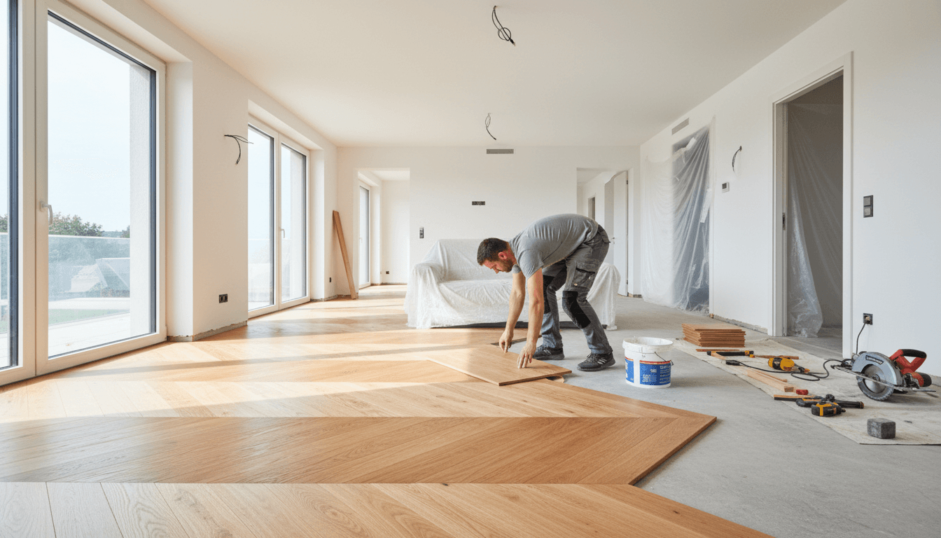 professional contractor installing hardwood flooring in bright renovated room