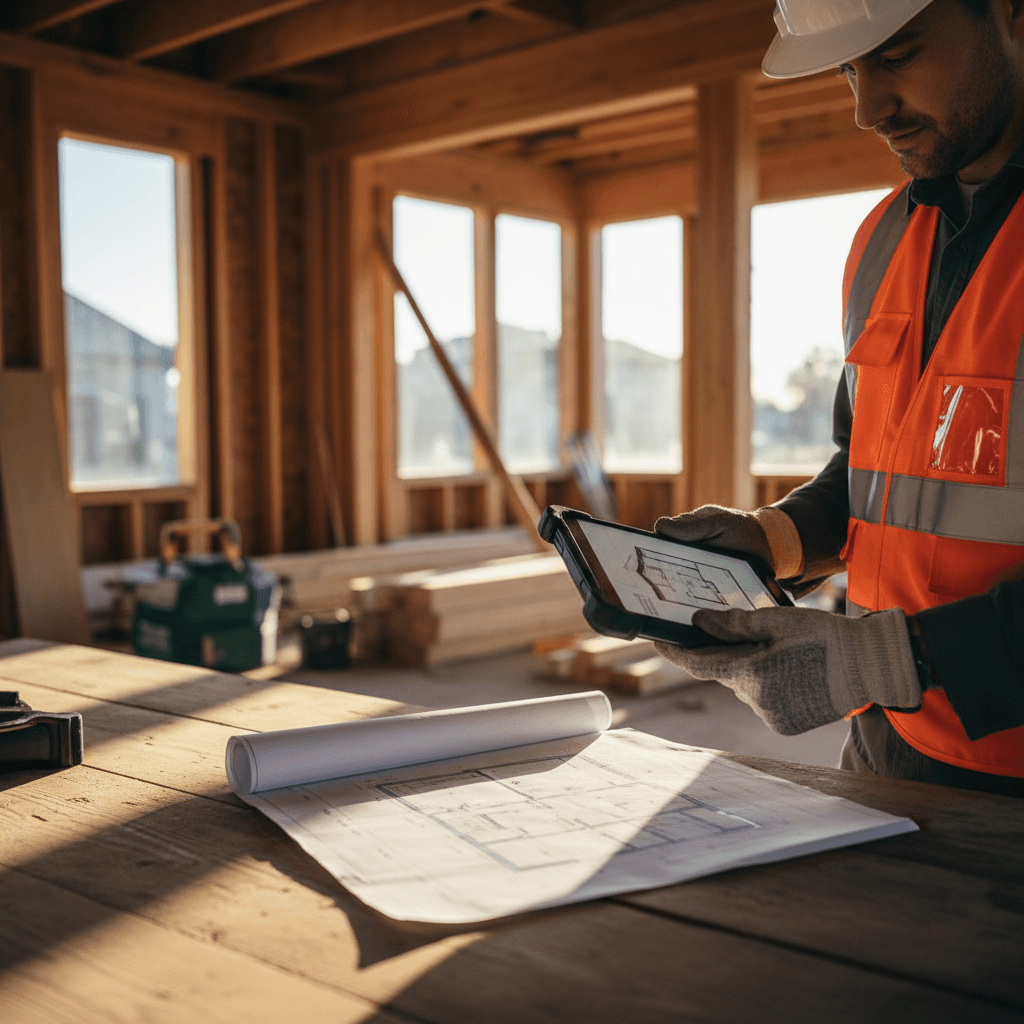 Contractor in work clothes reviewing blueprints at a residential renovation site