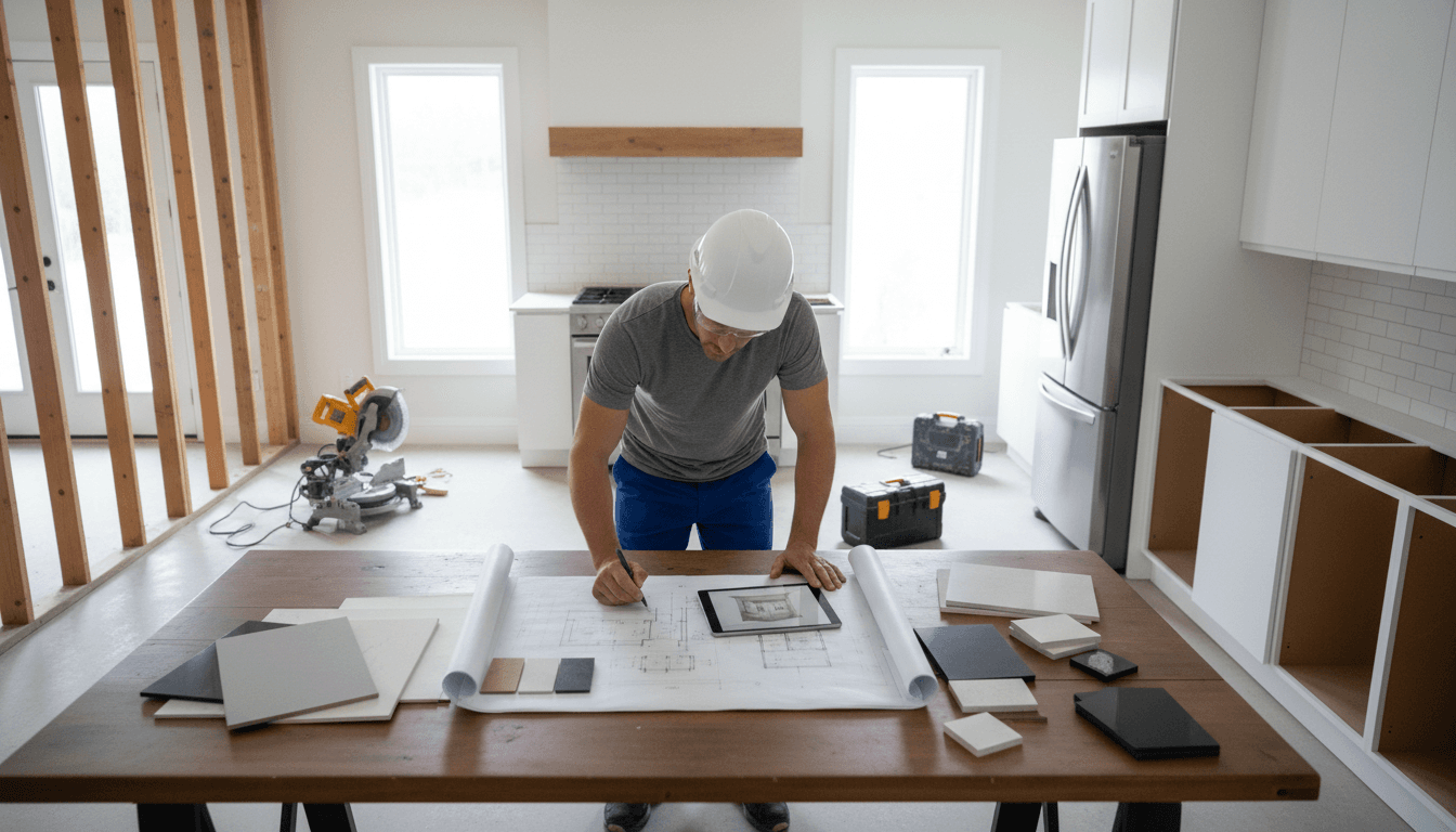 Contractor reviewing blueprints with client at kitchen renovation site