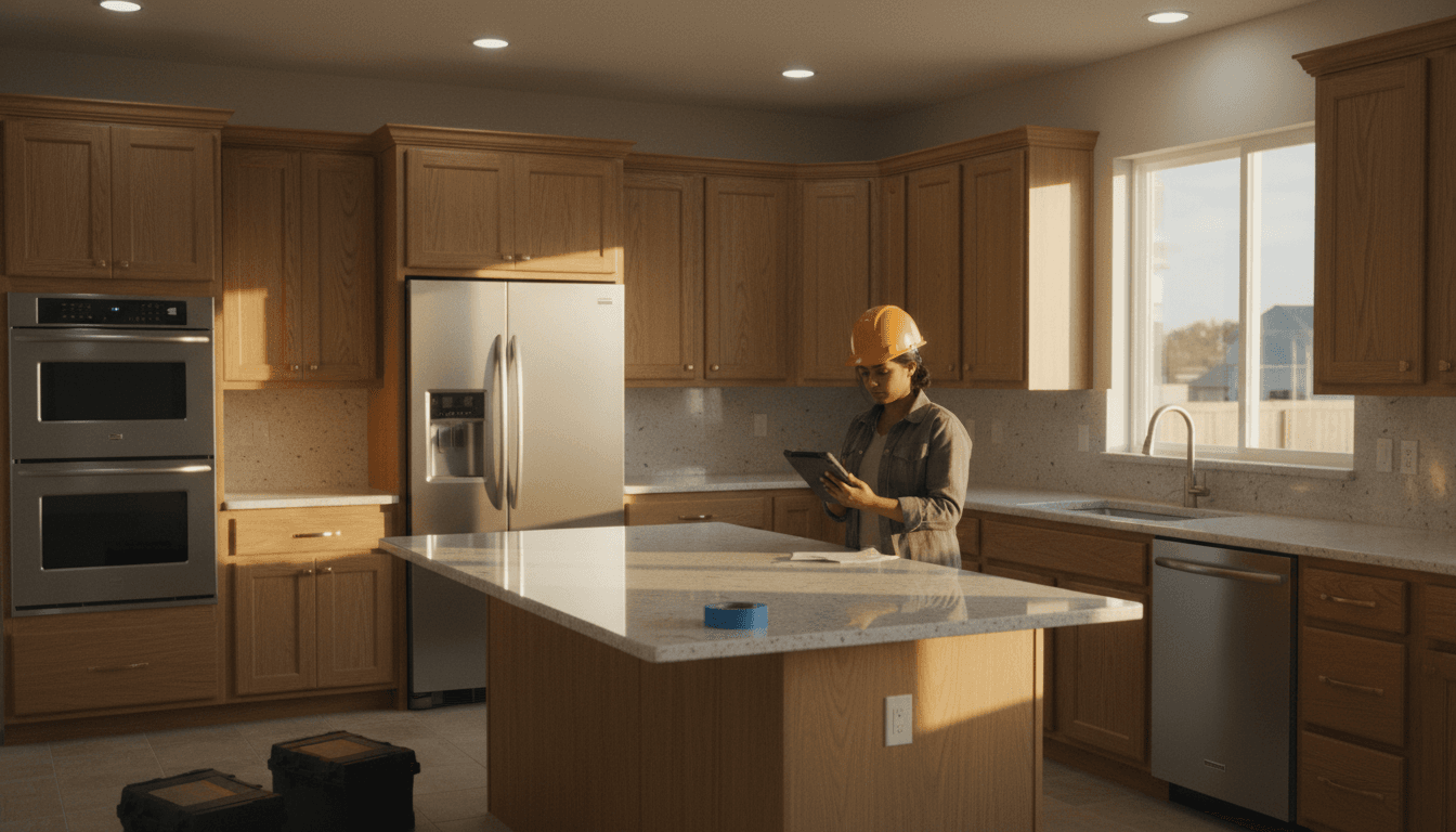 Contractor and homeowner reviewing finish details in a freshly remodeled Miami kitchen